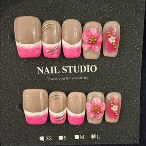 Pink and Tan French handmade Floral Press-On Nails